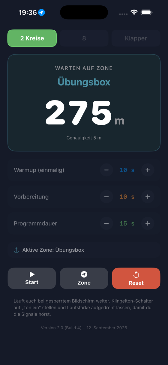 Wartephase mit Entfernungsanzeige zur Zone